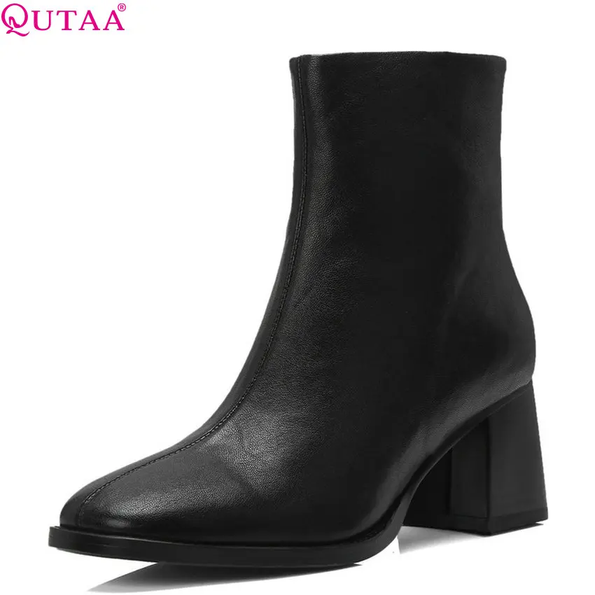 QUTAA 2019 Women Ankle Boots Square Toe Sheepskin All Match Zipper Platform Winter Shoes Women Motorcycle Boots Big Size 34-39 Women's Shoes