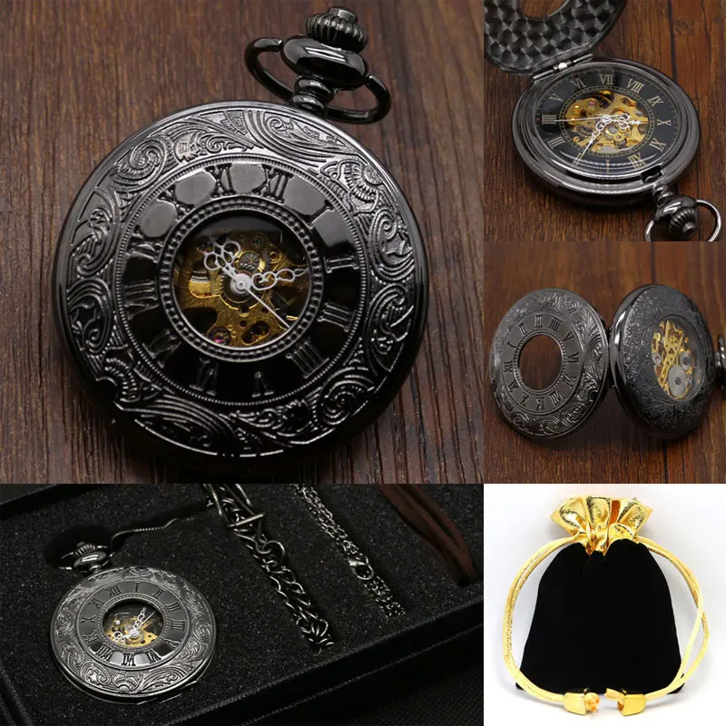 Высокое качество Винтаж черный Для мужчин Для женщин римскими цифрами дизайн механическая ручная намотка кармашек для часов Часы Ретро кулон часы подарочный набор