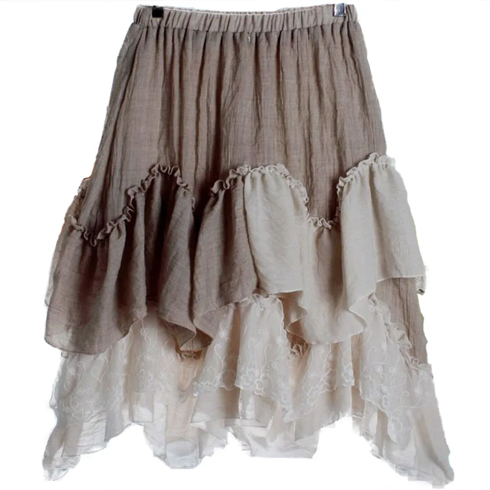 

Women Summer Asymmetry Cotton Linen Lace Skirt Retro Faldas Muje Splicing Pleated Cascading Ruffle Bottom Underskirt Y03583