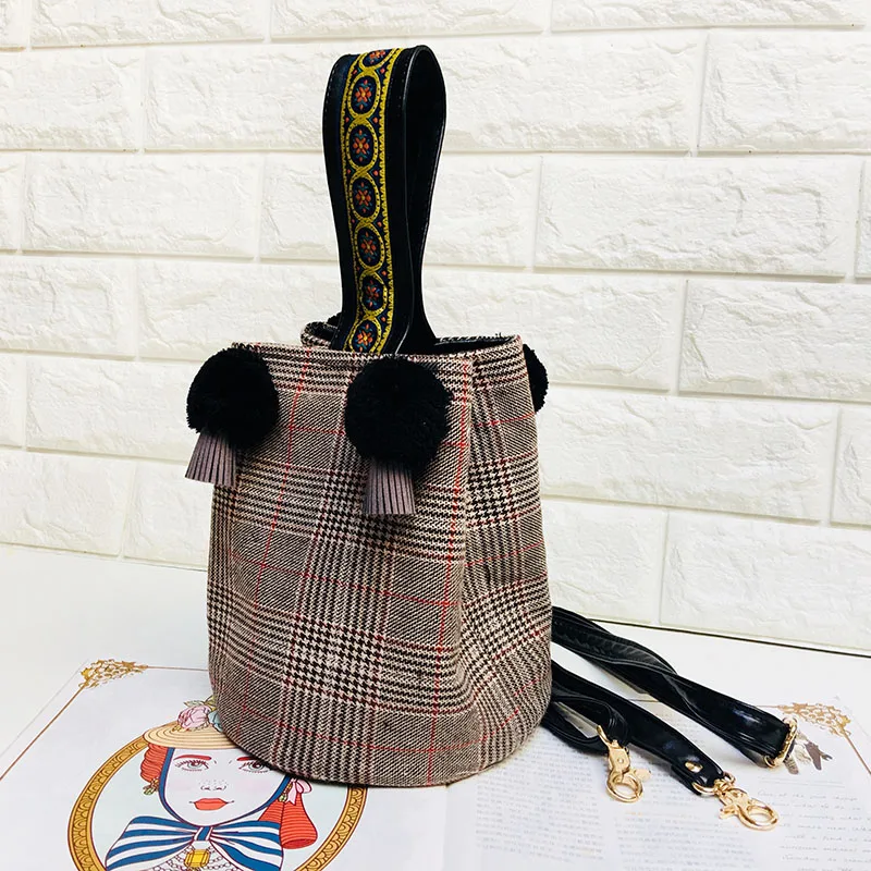 WOONAM New Lady Women Fashion Pure Handmade Multi-color Tweed Mini Bucket Handbag Wrist Bag WB477