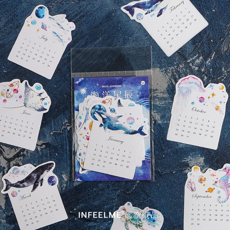 

12Pcs/Set 2019 Lovely Blue Whale Forest Animals Perpetual Calendar Decorative Sticker Diary Scrapbook Label Stickers