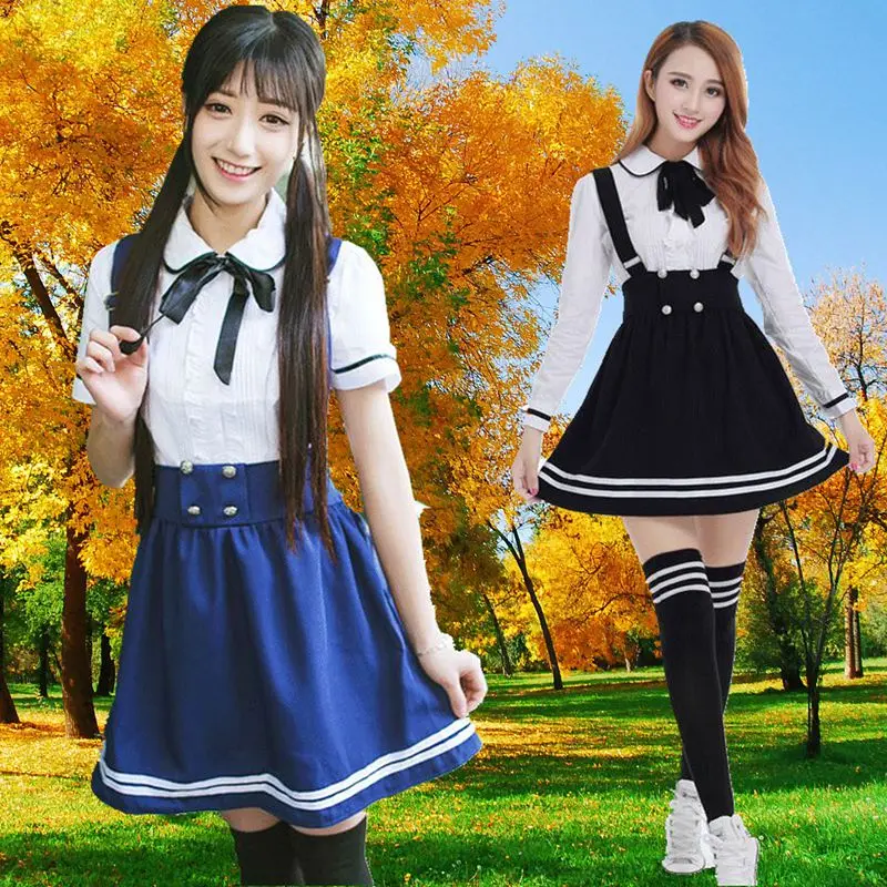 Корейская школьная форма для девочек, Морской Костюм Моряка для женщин, японская школьная форма, хлопковая белая рубашка+ клетчатая юбка на лямках