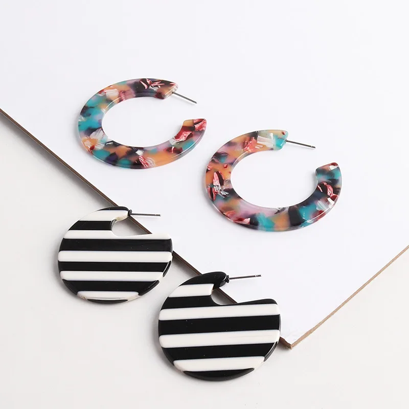 

C Shape Flower Print Stripe Acetate Acrylic Earring Big Circular Women Contrast Colored Painting Large Earring