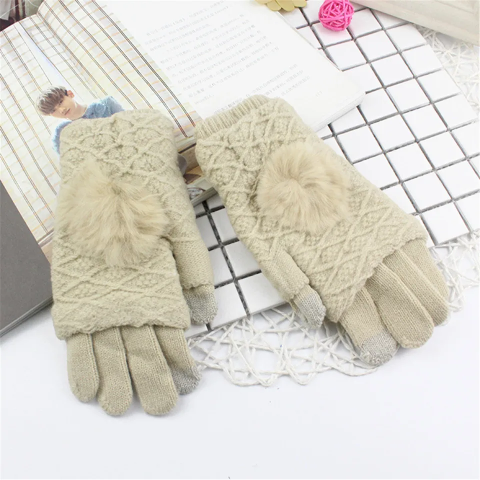 Сенсорный экран перчатки Дамская мода милые осенние и зимние толстые теплые перчатки половина пальца настоящие волосы перчатки для