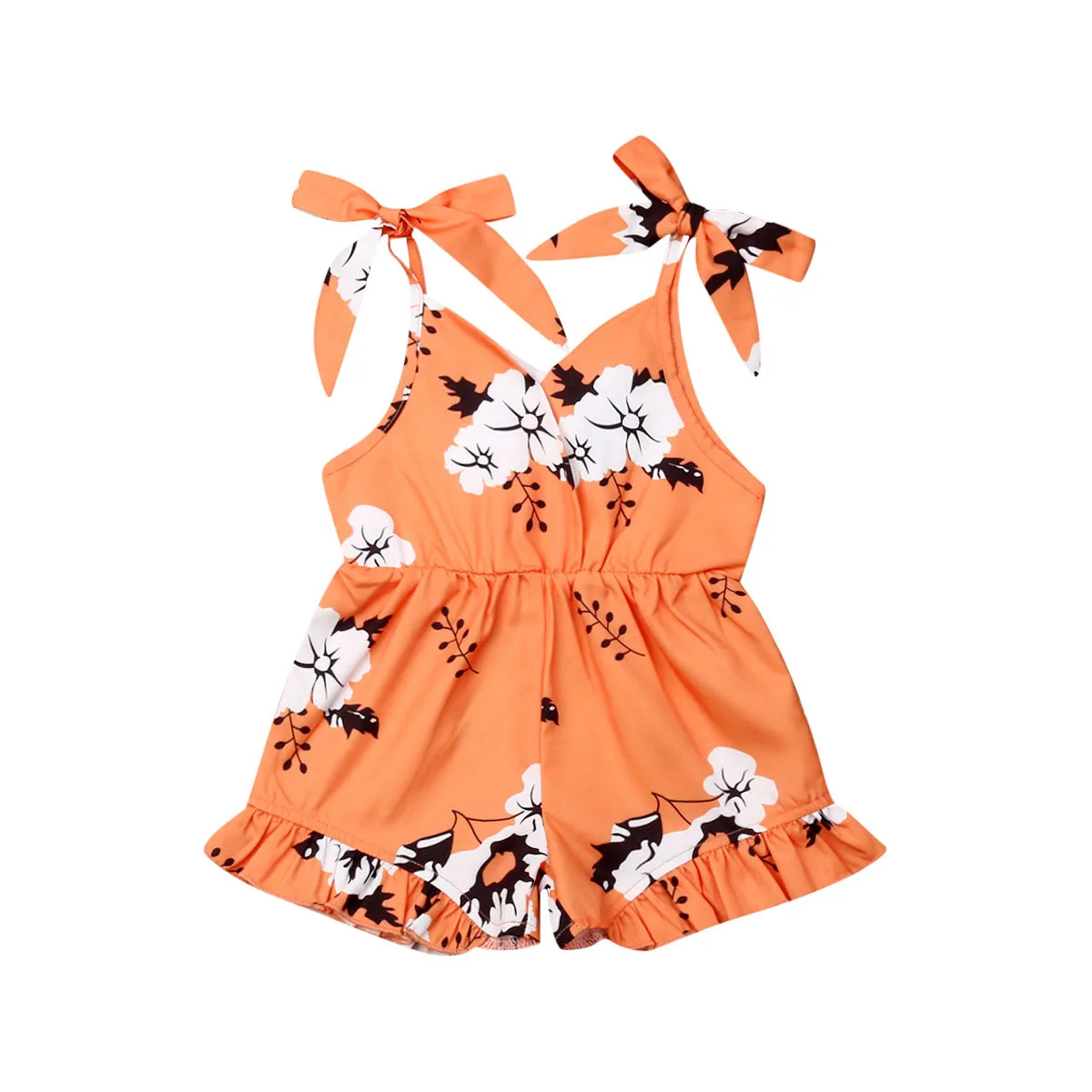 От 1 до 7 лет; Комбинезоны для маленьких девочек; комбинезон без рукавов с цветочным принтом и поясом; комбинезон; повседневная одежда - Цвет: Оранжевый