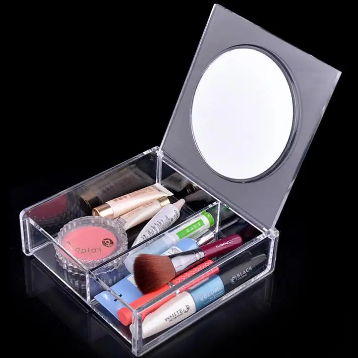 

Square 2 space Transparent Crystal Storage Box makeup Organizer Cosmetic Acrylic Clear Jewelry Display Case with Mirror SN2303