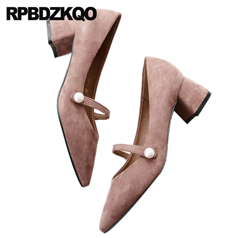 

Vintage Size 4 34 Strap Black Medium Heels Block Suede Pink Pearl Japanese Pointed Toe Mary Janes Women Shoes 2018 Retro Autumn