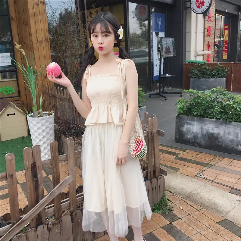 

New Women Skirt Suits Summer Spring Elegant Solid Slim sleeveless Tops + Mesh Skirts Sets Casual Female