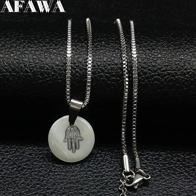 

2019 Hamsa Hand Stainless Steel Chain Necklace Women Silver Color Shell Necklaces Jewelry pulsera mano de fatima N18270