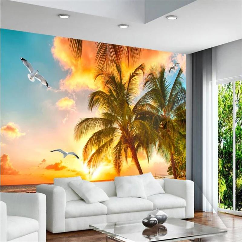 Пользовательские 3D обои красивые море Восход кокосовое дерево пейзажная ТВ