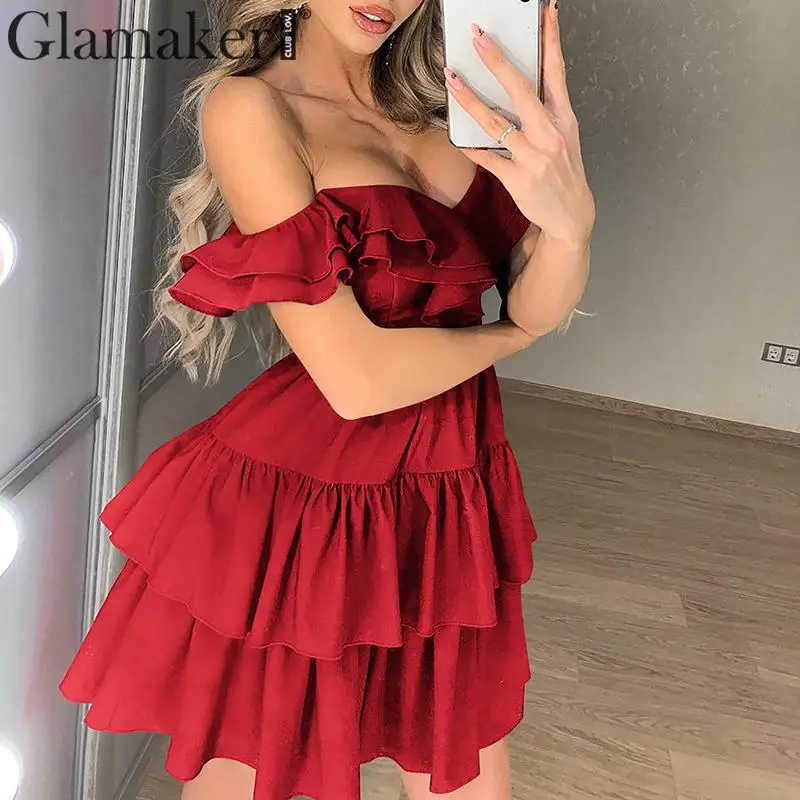 

Glamaker Off shoulder ruffles mini dress Summer holiday beach red short dress Female streetwear elegant club Sexy vestidos new