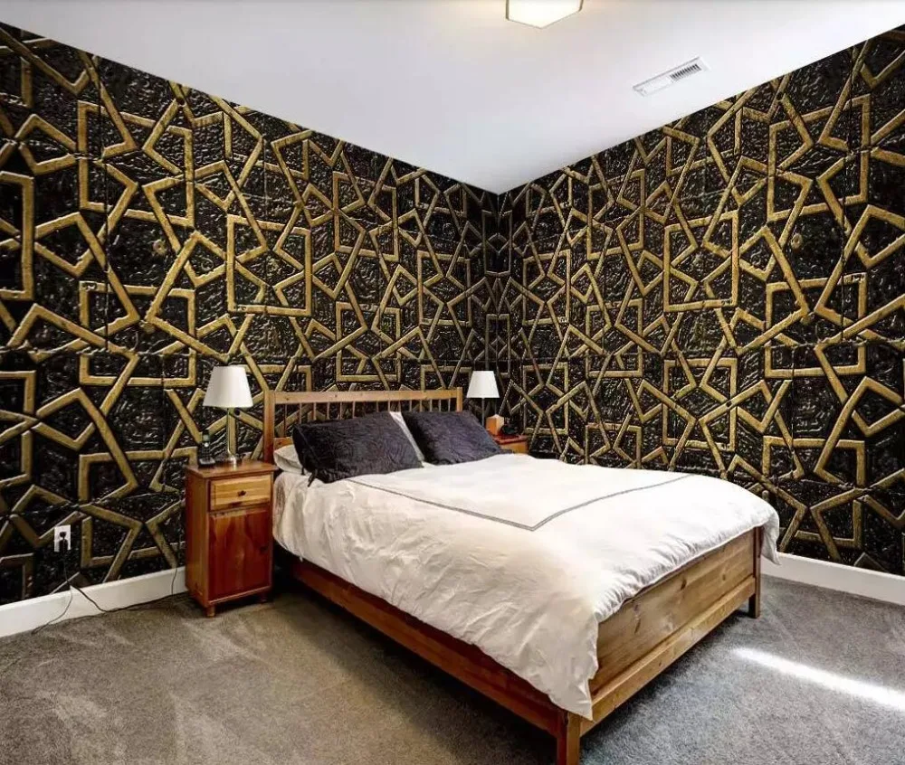 

Custom large modern simple black and gold lines geometric creative personality whole house background wall painting