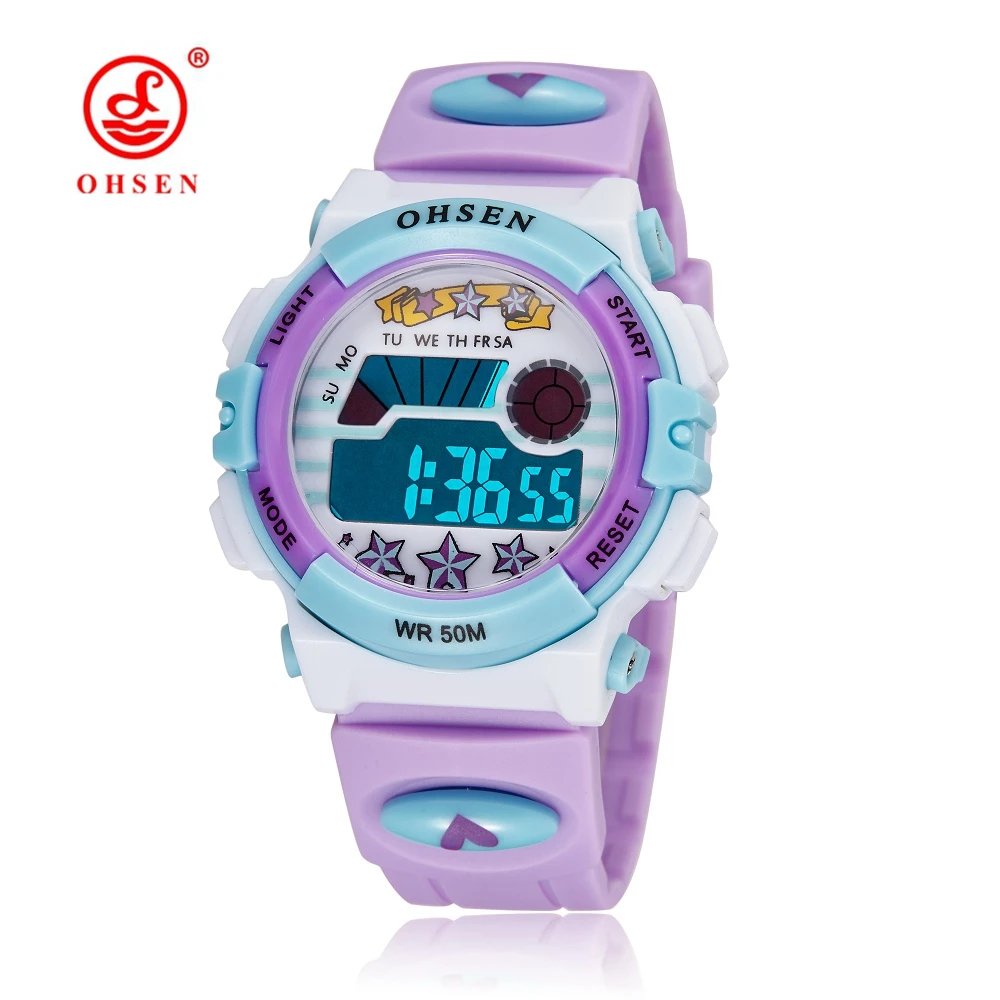 

New OHSEN digital LED Sport Kids Girl Wristwatch Cute Purple Rubber Strap Alarm Date Clocks Waterproof Cartoon Children Watches