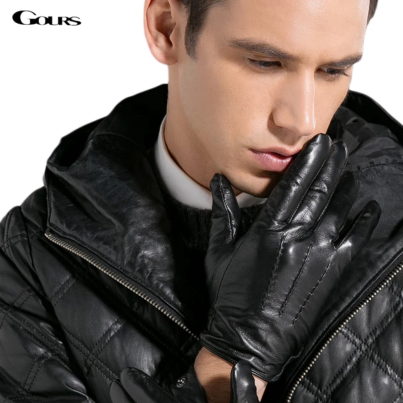 

Gours Winter Genuine Leather Gloves Men Black Goatskin Driving Finger Gloves New Arrival Fashion Brand Mittens Warm GSM028