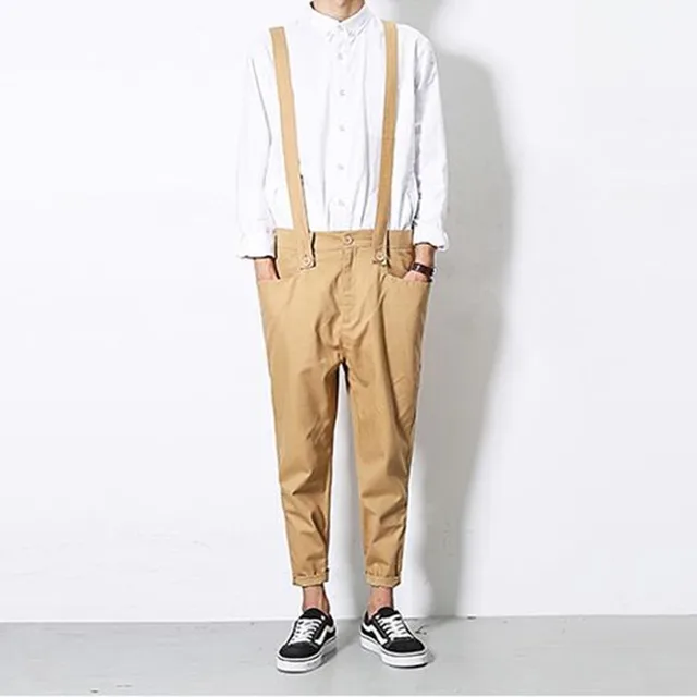 Korean style male summer stylish black cotton brace overalls suspender