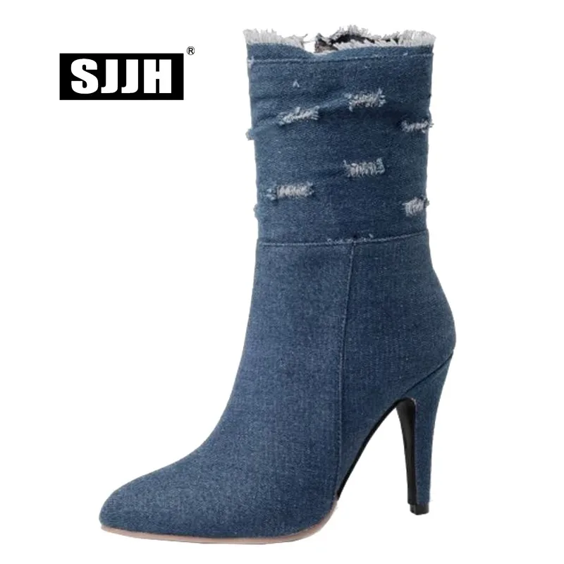 Femmes pu Zip Court Grande Mode Bottes Noir Stiletto bleu Avec Point Ciel A954 Chaussures Mi Élégantes mollet Toe Taille En Peluche Chelsea Sjjh 2018 Denim qwgFg5C