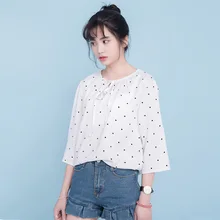 2017 Women’S Kawaii Spring And Summer Sweet Lacing Polka Dot Chiffon Shirt Female Thin Harajuku Blouses For Women