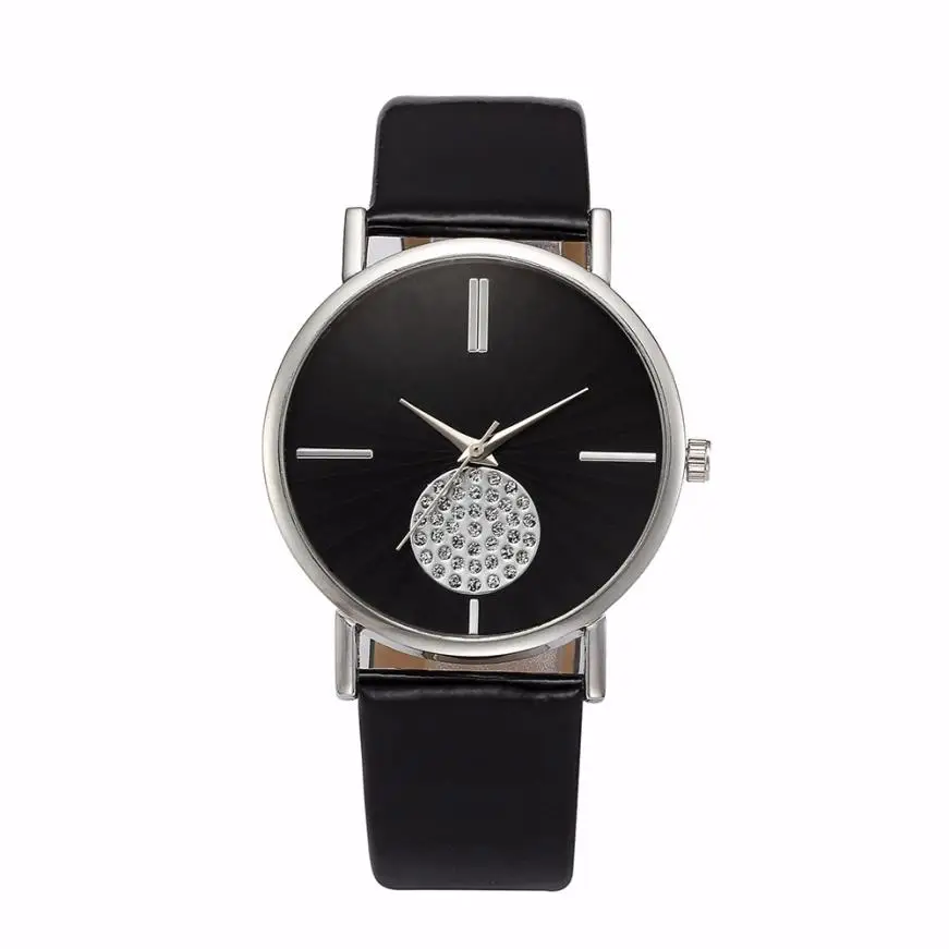 Kopen Casual Mode Vrouwen Horloges HOT vrouwen Lederen Band Quartz Ronde Crystal Dial Black Polshorloge Womens Klok Reloj Mujer Sep02