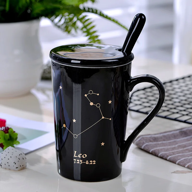 Оригинальная кофейная кружка 12 созвездий, черно-белые фарфоровые кофейные молочные кружки с крышкой, ложкой, керамическая чашка для кухни в скандинавском стиле, 380 мл - Цвет: Leo