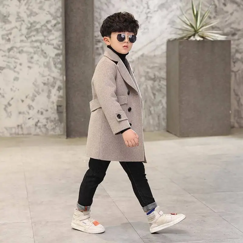 Коллекция года, осенне-зимнее детское шерстяное пальто для мальчиков плотная теплая одежда в Корейском стиле для мальчиков двубортная куртка из хлопка для подростков, F21