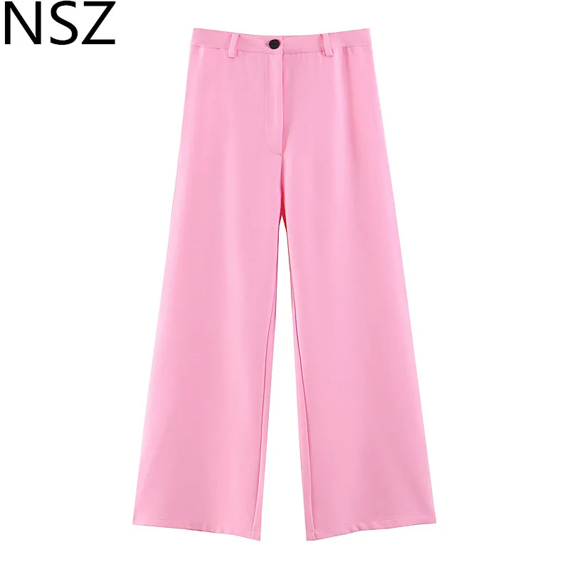 

NSZ Women Pink Straight Pants High Waist Office Work Suit Pants Zipper Pocket Trousers