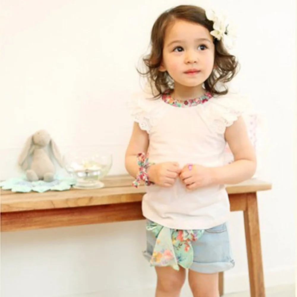 

2 Colors Clothing Set 1-6Y Girls Kids Ruffled Sleeves T-shirt+ Bow-knot Jeans Pants Suit 2 PCS Set Outfits