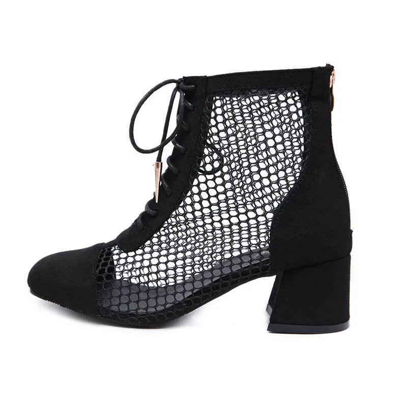 

Women's Boots Spring Autumn fashion grid Netting hollow Lace up party round Rome Fang He high heel Zapatos de mujer S86