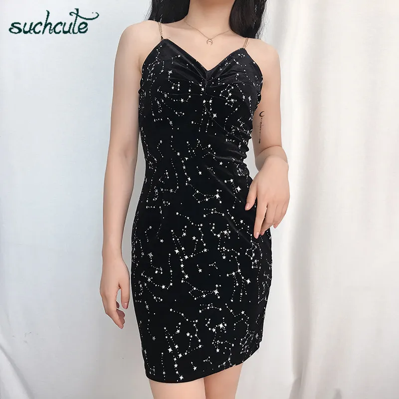 

SUCHCUTE The Dress For Women Black Strap Metal Bling Summer 2019 Lady Party Dresses Korean Style Female Clothe Holiday Sukienki