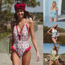 

New Ruffle One Piece Swimsuit Floral Purfle Bathing Suit Patchwork Swimming suit for women Summer BeachWear Sexy Girls Swimwear