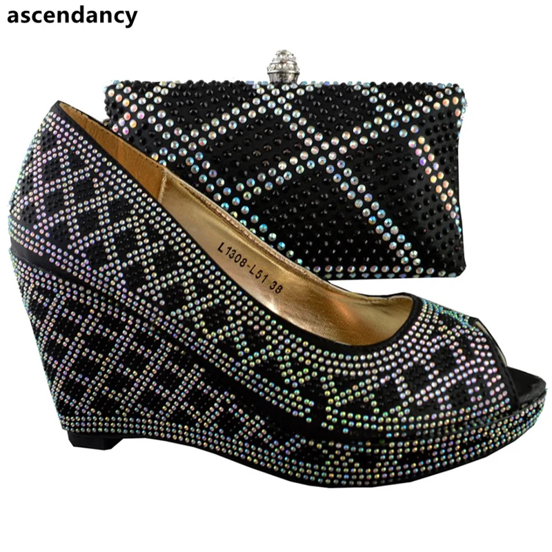 

Matching Shoes and Bag Set Decorated with Rhinestone Black Color Italian Ladies Shoe and Bag Set for Wedding African Party Shoes
