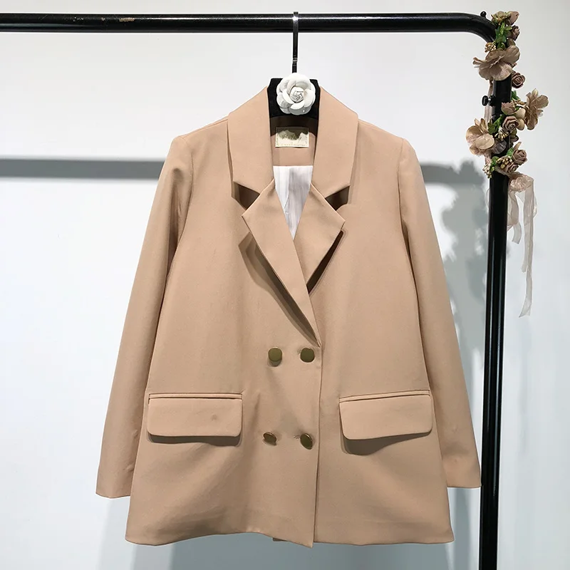 

Women's Jacket Temperament Sweet Double Breasted Loose Solid Color Long Sleeve Small Suit Casual Office Women's Blazer