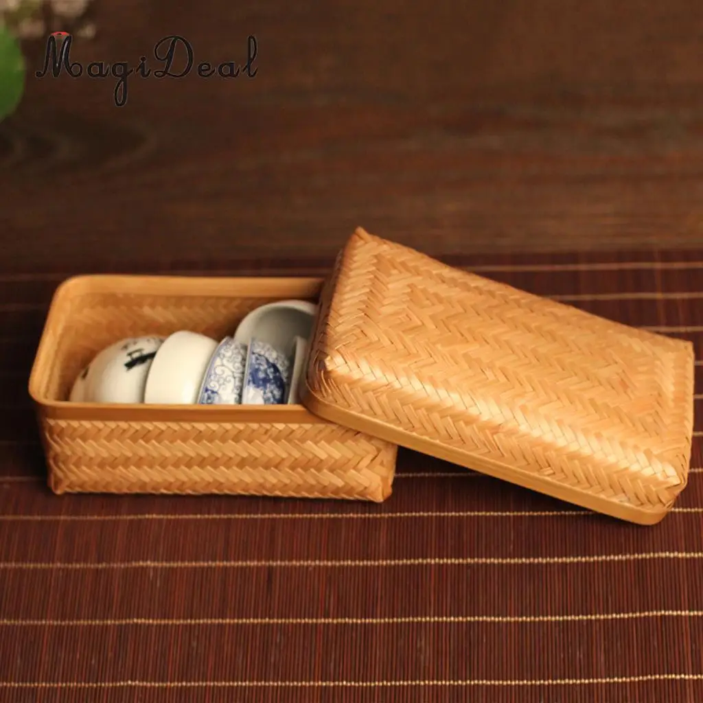 Bamboo Storage Basket Tray Food Hamper Bread Fruit Tea Box Organizer w/ Lid