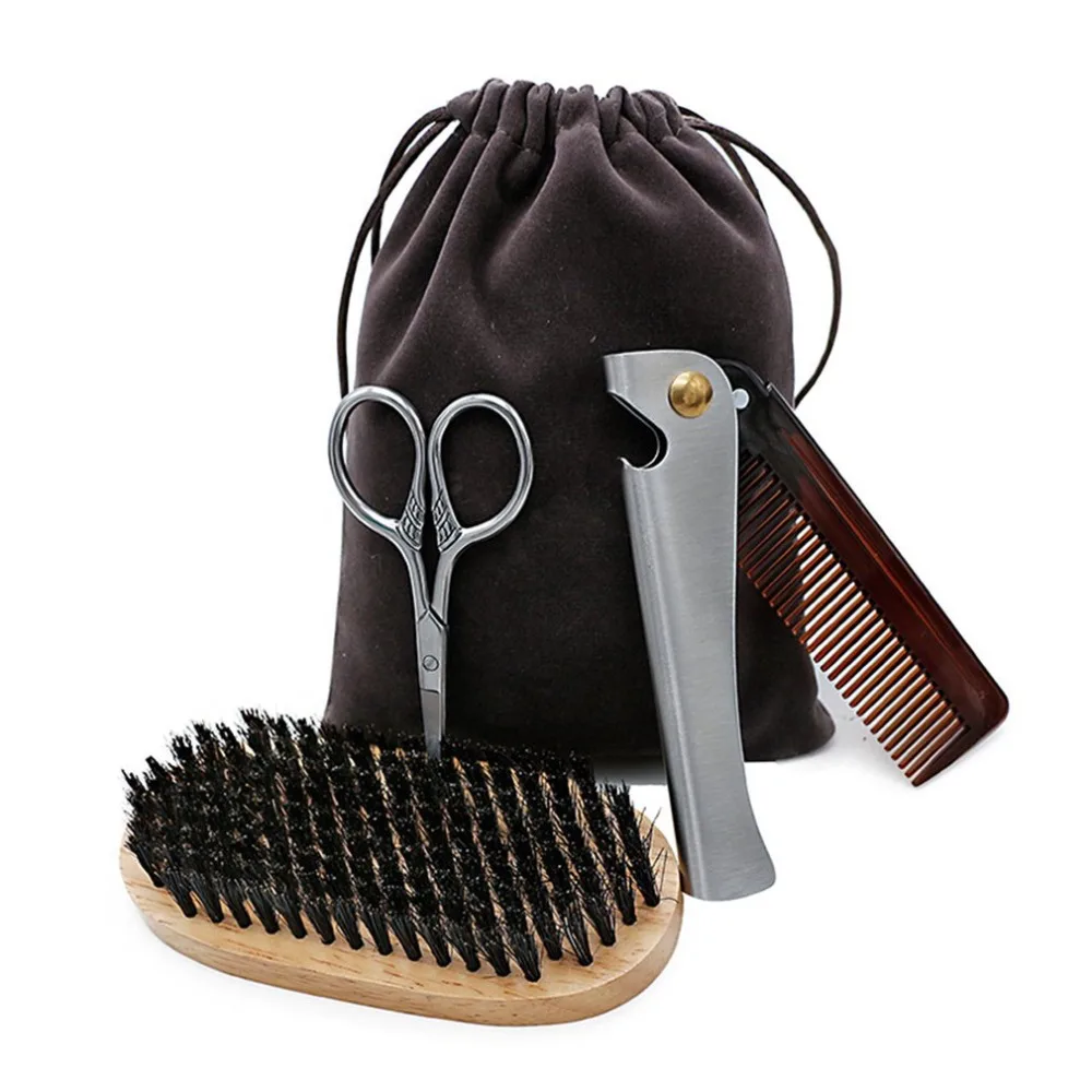 

3pcs/set Beard Care Set Scissors + Elliptical Comb + Stainless Steel Beard Comb With Storage Bag Beard Balm Styling Shaping Tool