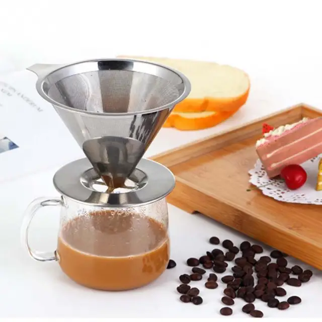 Special Offers 1 Pcs Cone Shaped Stainless Steel Coffee Dripper Double Layer Mesh Filter Basket Home Kitchen Tool Coffee Accessories #0922