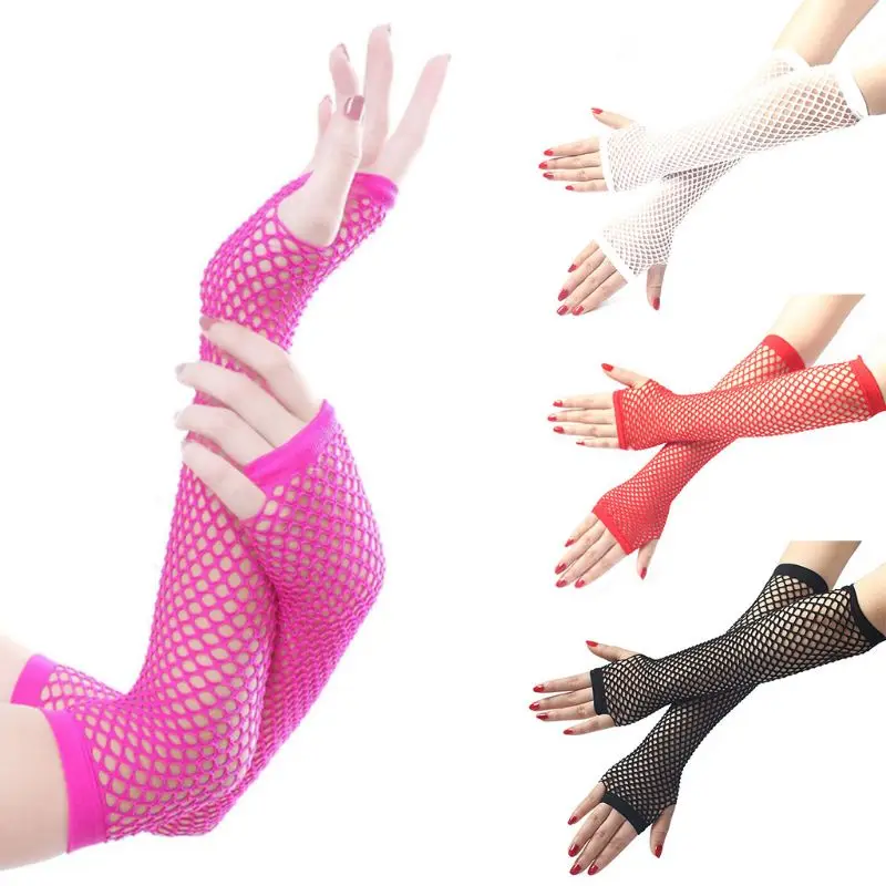 

Women Punk Gothic Solid Color Fishnet Half Hand Fingerless Long Golves With Thumb Hole Length Hollow Out Mittens Party