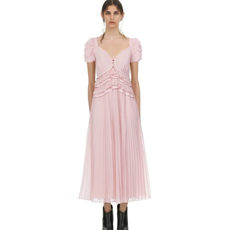 

2019 New Runway Self portrait Puff sleeve Chiffon Dress Women Summer Ruffles-trimmed V-neck Pleated Long Beach Dresses Vestidos