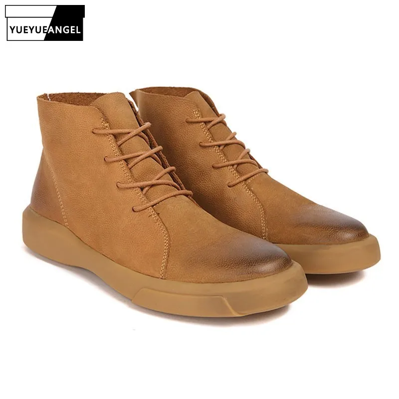 European Winter Fleece Lining Genuine Leather High Top Mens Casual