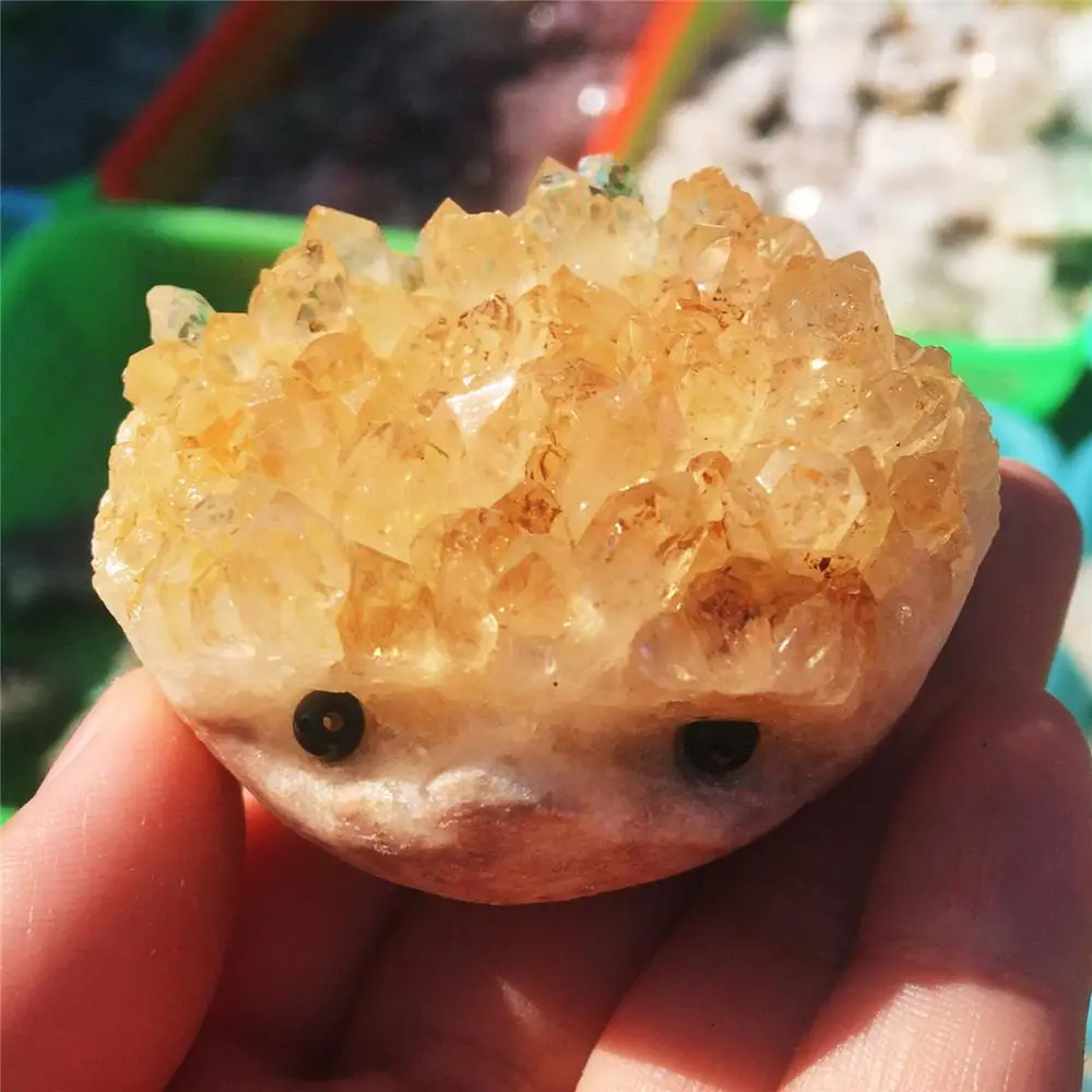 

1pcs Natural yellow crystal hand-carved cute hedgehog aura crystal cluster