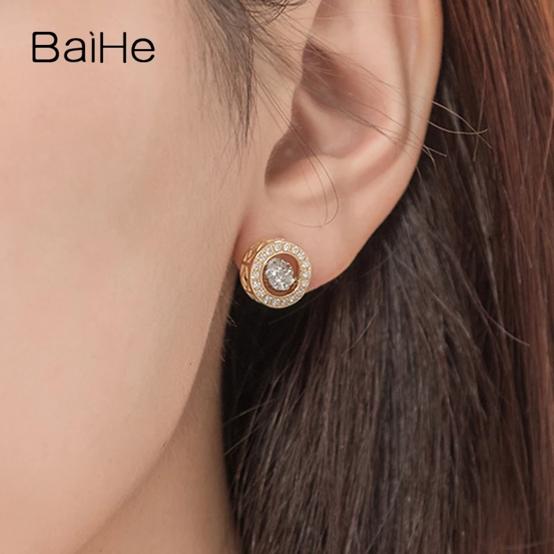 BAIHE Solid 14 K желтое золото 0.60ct H/SI круглые огранки натуральные бриллианты Свадебные модные ювелирные изделия серьги-гвоздики