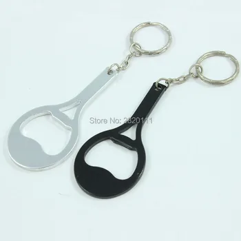

Wholesale-240Pcs Racket Bottle Opener Keychain Aluminum Alloy Beer opener Promotion Keyring Gift Customize Logo- free shipping