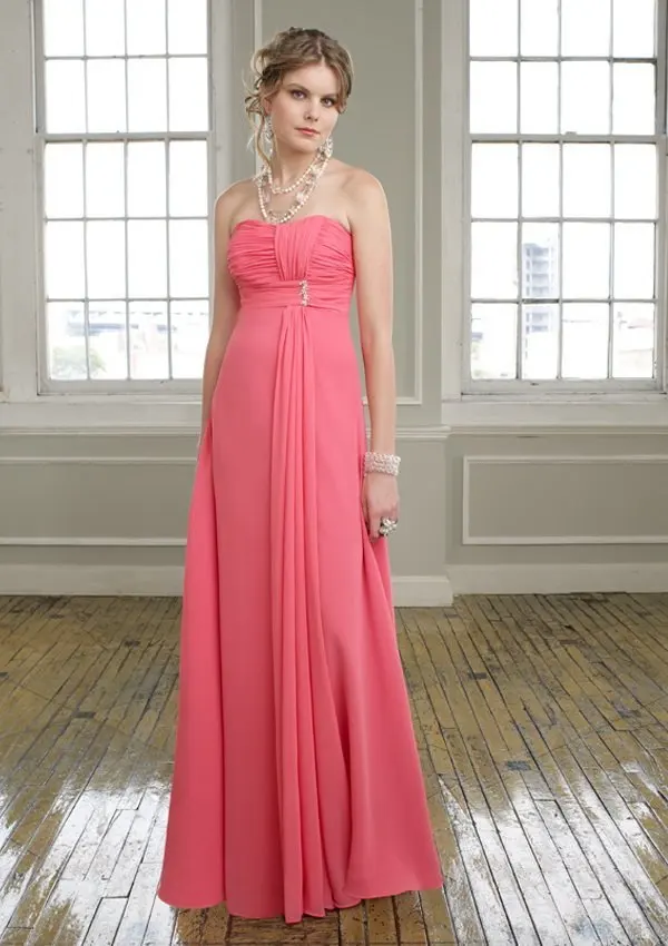 Elegant Strapless Pleated Empire Waist Long Chiffon Coral Pink