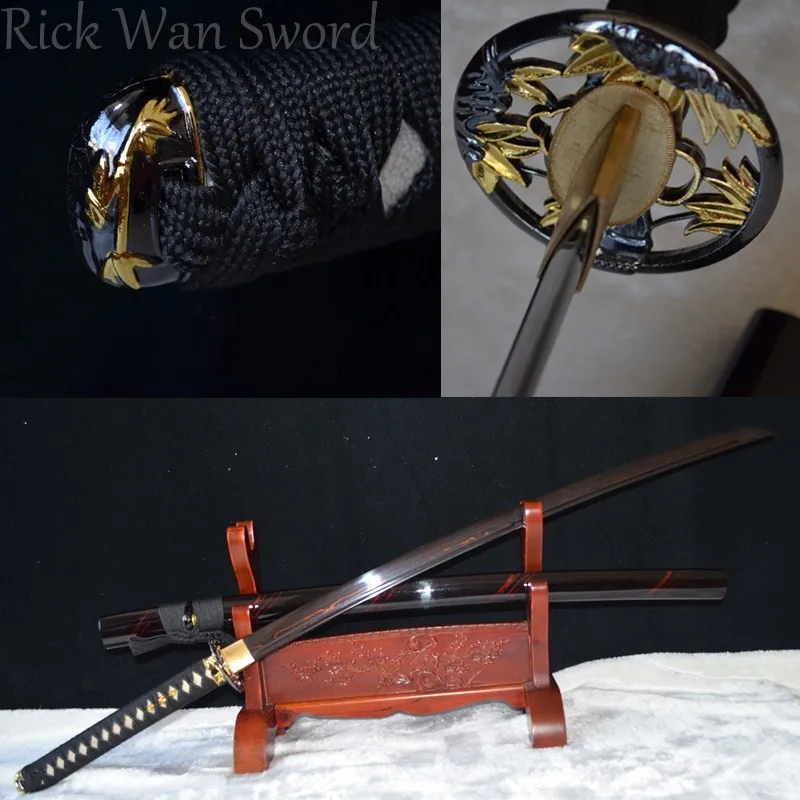 

SALES HANMADE JAPANESE SAMURAI KATANA SWORD RED BLACK DAMASCUS FOLDED STEEL SHARP FULL TANG