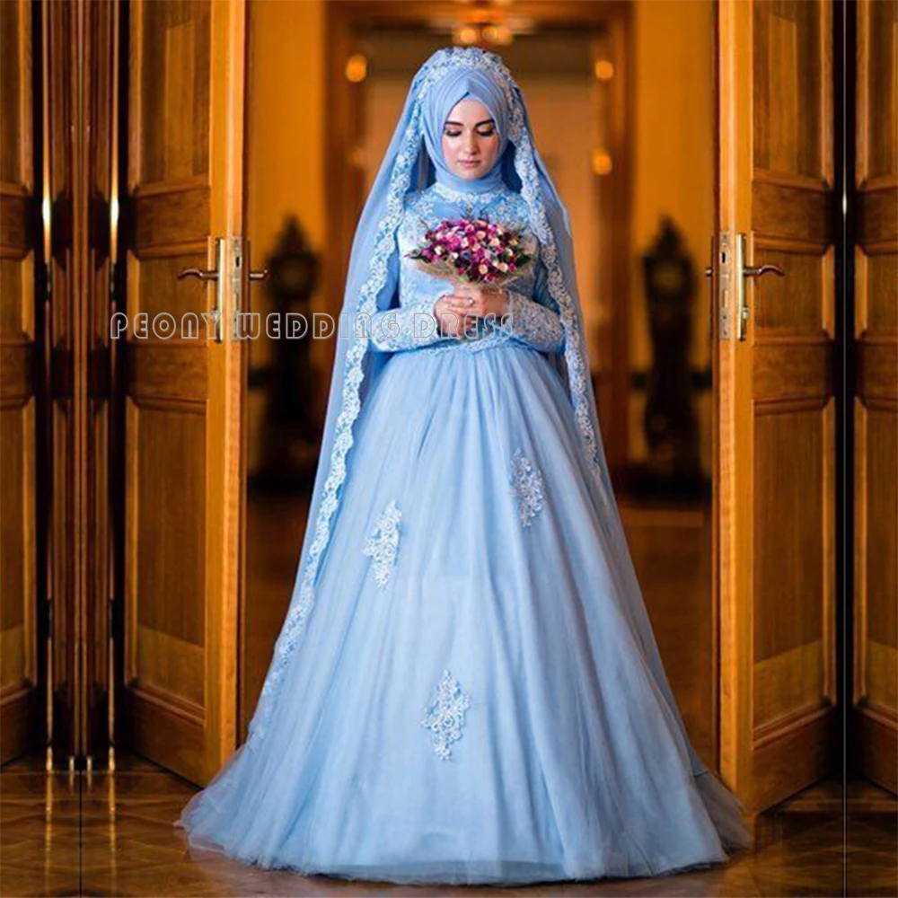 Luxury Blue Muslim Wedding Dress Long Sleeve Beaded Lace Tulle font b Hijab b font Muslim