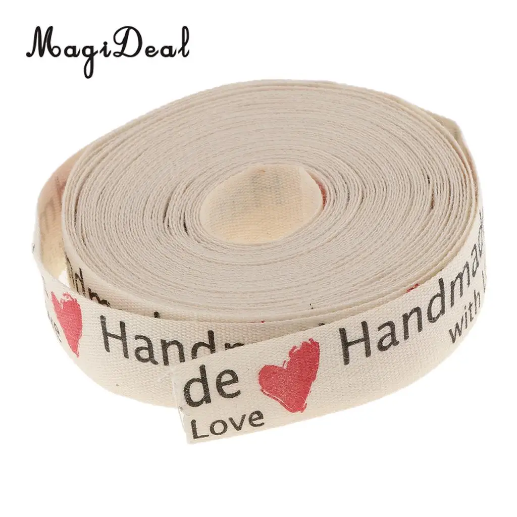 MagiDeal 5 Yards Hand Made with Love Heart Fabric Ribbon Gift Package Craft Decor