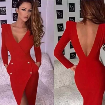 

New Fashion Casual Sexy V Neck Long Sleeve Women Bandage Dress Midi Party Dress Winter Celebrity Charming Red Vestidos Wholesale