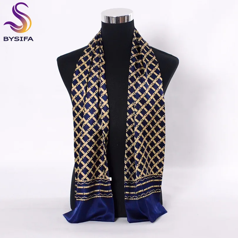 [BYSIFA] Men Black Gold Silk Scarves Winter Fashion Accessories 100% Natural Silk Male Plaid Long Scarves Cravat 160*26cm mens head wrap bandana Scarves