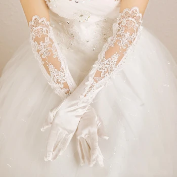 

2019 New Fashion White Bridal Gloves for Women Long Wedding Dress Gloves Lace Red Elbow Length Beaded Finger Luva De Noiva