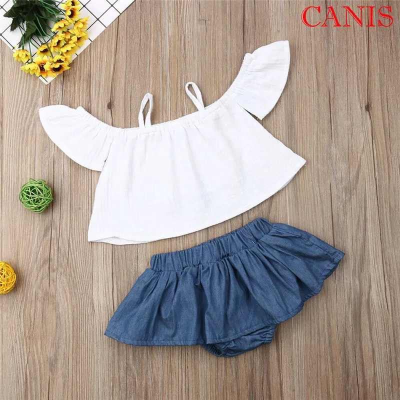 

Toddler Kids Baby Girl clothes Off-Shoulder pullover strap short sleeve Tops solid Ruffle Shorts 2pc cotton lovely casual outfit