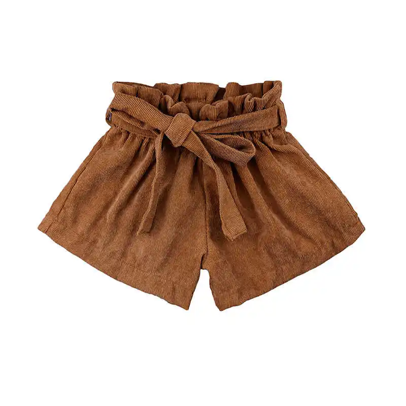 Штаны для маленьких девочек; однотонные штаны с рюшами и бантом; модные шорты на осень-зиму; вельветовые шорты из полипропилена для детей; детская одежда; ребенок малыш - Цвет: Brown