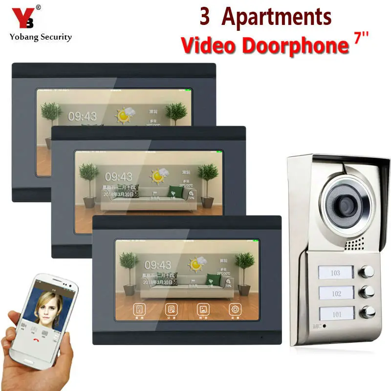 

YobangSecurity 7inch Record Wired Wifi 3 Apartment/Family Video Door Phone Intercom System For 3 Units Villa Apartment
